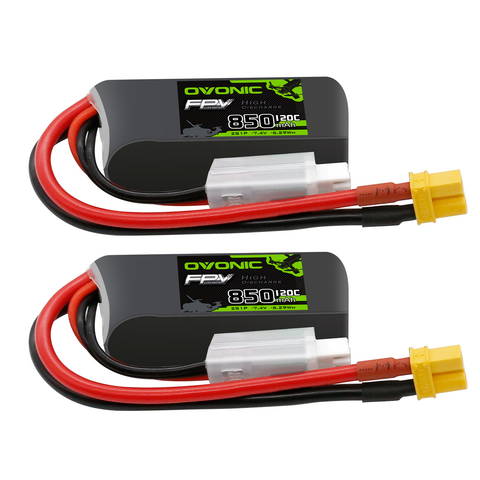 2×OVONIC 2S Lipo Battery 850mAh 2S1P 120C 7.4V LiPo Battery with XT30 Plug for 100mm to 140mm Brushless Whoop Drones Tinywhoop