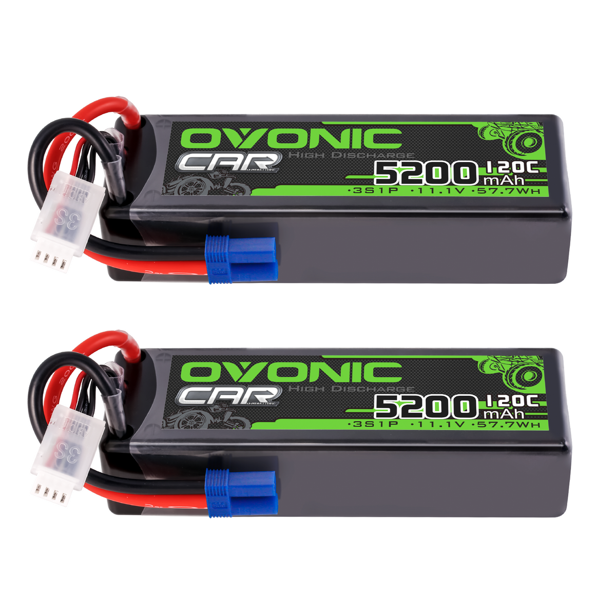 2 × OVONIC 3S Lipo Battery 5200mAh 120C 11.1V RC Lipo Battery with EC5 Plug for 1/10 1/8 RC Vehicles Car RC Truck