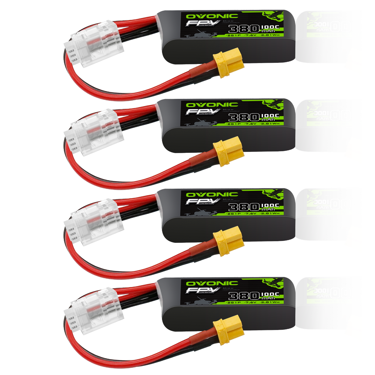 4×OVONIC 2S Lipo Battery 380mAh 2S1P 100C 7.6V LiHV LiPo Battery with XT30 Plug for Tinywhoop FPV Drone Quadcopter