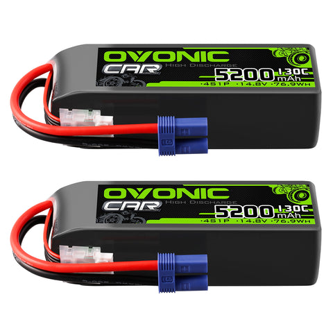 2 × OVONIC 4S Lipo Battery 5200mAh 130C 14.8V RC Lipo Battery with EC5 Plug for RC 1/10 1/8 Vehicles Car RC Truck