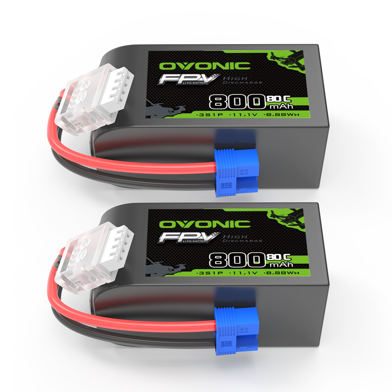 2× OVONIC 11.1V 80C 800mAh 3S LiPo Battery with EC2 Plug for Micro FPV ...