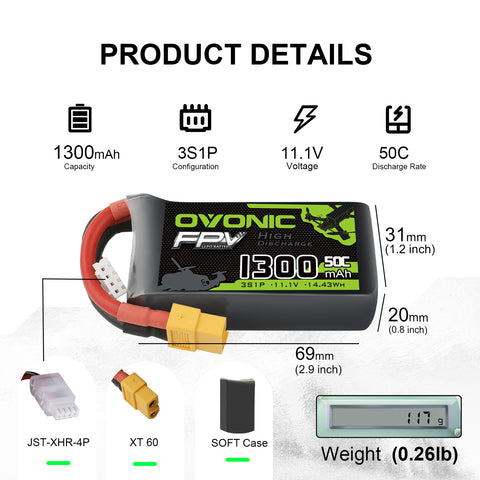 OVONIC 3S LiPo Battery 1300mAh 50C 11.1V with XT60 Plug for Racing Drone