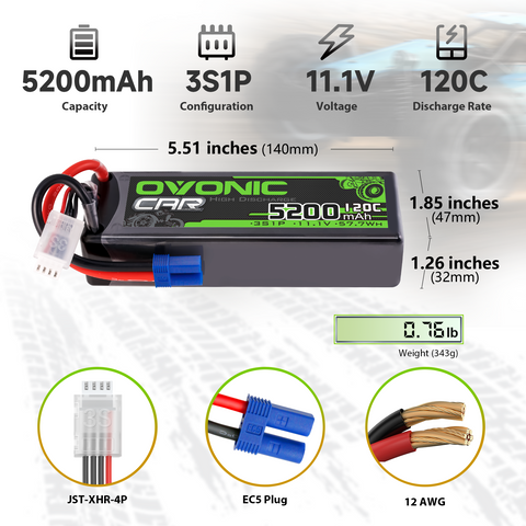 2 × OVONIC 3S Lipo Battery 5200mAh 120C 11.1V RC Lipo Battery with EC5 Plug for 1/10 1/8 RC Vehicles Car RC Truck