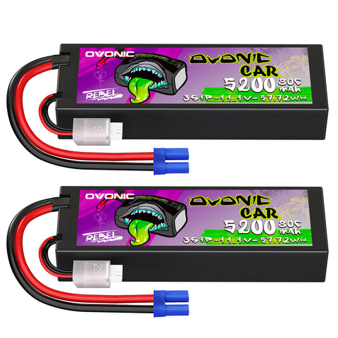 2 × Ovonic Rebel 2.0 80C 3S 5200mAh 11.1V Hardcase Lipo Battery EC5 For Arrma Cars