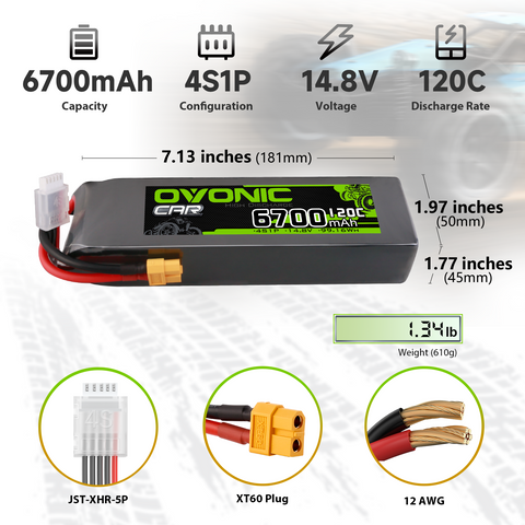 2 × OVONIC 4S Lipo Battery 6700mAh 120C 14.8V RC Lipo Battery with XT60+TRA Plug for RC Vehicles RC Truck