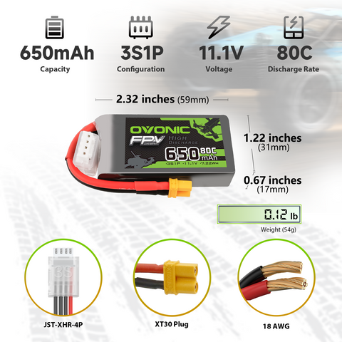 Ovonic 650mAh 3S 11.1V 80C LiPo Battery with XT30 Plug for Small FPV 4pcs or 1pcs