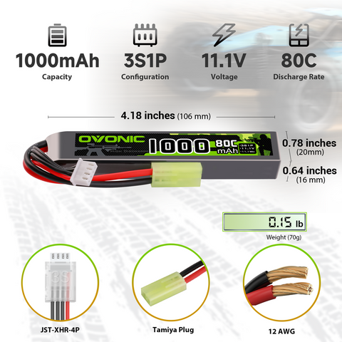 2 x Ovonic 2S Lipo Battery 1000mAh 2S1P 80C 7.4V Airsoft Lipo Battery with Tamiya Connector for Airsoft Guns