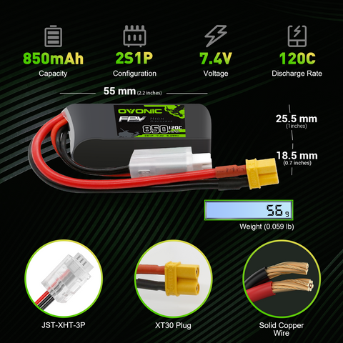 2×OVONIC 2S Lipo Battery 850mAh 2S1P 120C 7.4V LiPo Battery with XT30 Plug for 100mm to 140mm Brushless Whoop Drones Tinywhoop