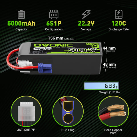 Ovonic 5000mah 6S 22.2V 120C Lipo Battery Pack with EC5 Plug for RC Car RC Truck Airplane Helicopter Boat Car Racing RC Hobby