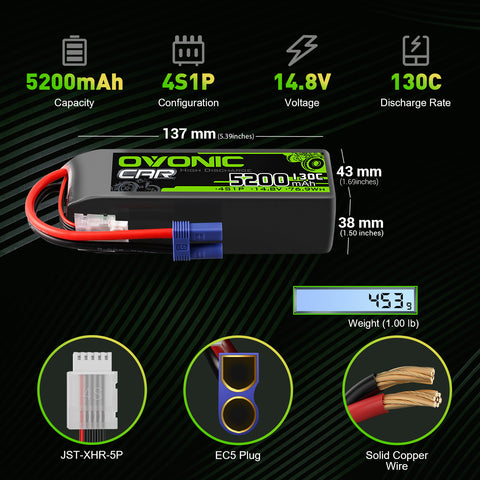 2 × OVONIC 4S Lipo Battery 5200mAh 130C 14.8V RC Lipo Battery with EC5 Plug for RC 1/10 1/8 Vehicles Car RC Truck