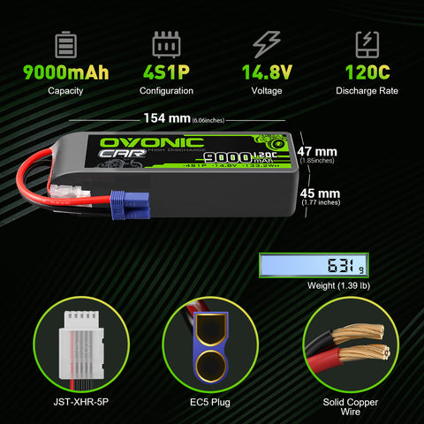 2 × OVONIC 4S Lipo Battery 9000mAh 120C 14.8V RC Lipo Battery with EC5 Plug for RC Vehicles Cars RC Truck Tanks