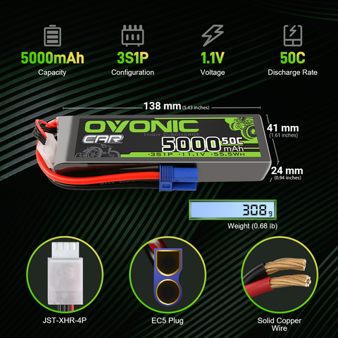 2×Ovonic 5000mAh 3S 50C LiPo Battery 11.1V EC5 for 3s&6s ARRMA Car