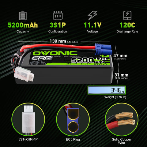 2 × OVONIC 3S Lipo Battery 5200mAh 120C 11.1V RC Lipo Battery with EC5 Plug for 1/10 1/8  RC Vehicles Car RC Truck