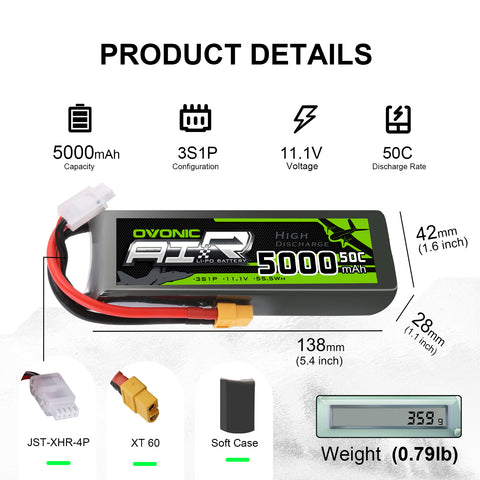 OVONIC 3S LiPo Battery Pack 5000mAh 50C 11.1V with XT60 Plug for 1/10 Monster Truck