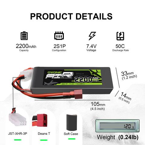 2×OVONIC 2S LiPo Battery Pack 2200mAh 50C 7.4V with Deans Plug for RC Crawler RC Truck FPV Drone