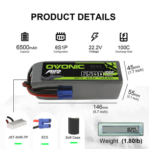 Ovonic 100C 22.2V 6500mAh 6S Lipo Battery with EC5 for 1/7 1/8 Arrma Car & 1/8 Scale RC Airplane Helicopter & Large Multirotors