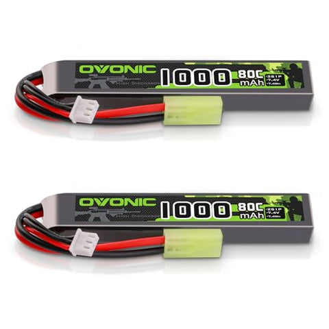 2 × Ovonic 2S Lipo Battery 1000mAh 2S1P 80C 7.4V Airsoft Lipo Battery with Tamiya Connector for Airsoft Guns