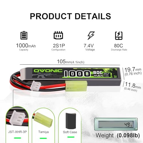 2 × Ovonic 2S Lipo Battery 1000mAh 2S1P 80C 7.4V Airsoft Lipo Battery with Tamiya Connector for Airsoft Guns