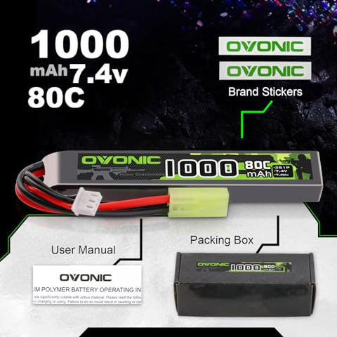 2 × Ovonic 2S Lipo Battery 1000mAh 2S1P 80C 7.4V Airsoft Lipo Battery with Tamiya Connector for Airsoft Guns