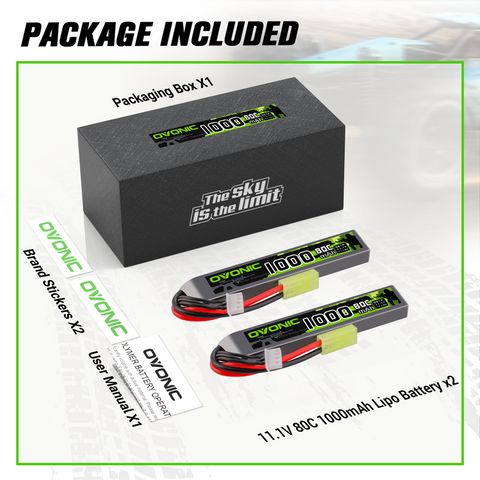 2 x Ovonic 2S Lipo Battery 1000mAh 2S1P 80C 7.4V Airsoft Lipo Battery with Tamiya Connector for Airsoft Guns