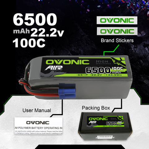 Ovonic 100C 22.2V 6500mAh 6S Lipo Battery with EC5 for 1/7 1/8 Arrma Car & 1/8 Scale RC Airplane Helicopter & Large Multirotors