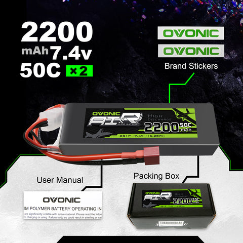 2×OVONIC 2S LiPo Battery Pack 2200mAh 50C 7.4V with Deans Plug for RC Crawler RC Truck FPV Drone