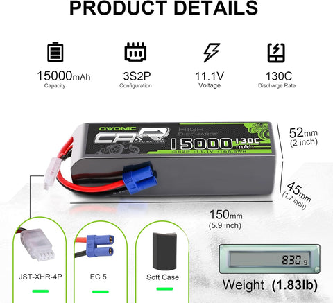 2 × OVONIC 3S Lipo Battery 15000mAh 130C 11.1V RC Lipo Battery with EC5 Plug for 1/8 RC Truck RC Vehicles Car