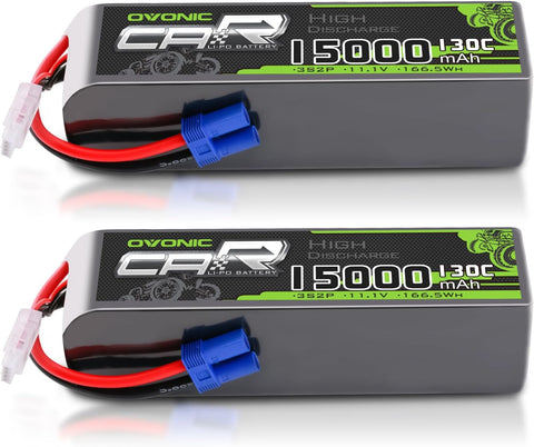 2 × OVONIC 3S Lipo Battery 15000mAh 130C 11.1V RC Lipo Battery with EC5 Plug for 1/8 RC Truck RC Vehicles Car