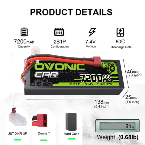 OVONIC 2S Lipo Battery 80C 7200mAh 7.4V Lipo Battery with Dean-Style T Connector for for 1/8 1/10 RC Car Truck Boat Vehicles