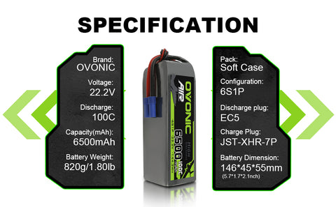 Ovonic 100C 22.2V 6500mAh 6S Lipo Battery with EC5 for 1/7 1/8 Arrma Car & 1/8 Scale RC Airplane Helicopter & Large Multirotors