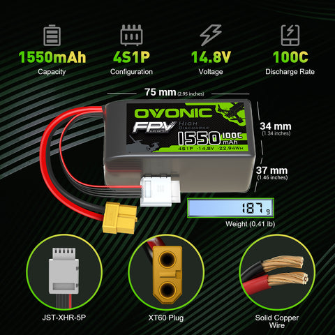 4x Ovonic 4S Lipo Battery 1550mah 4S1P 100C 14.8V Lipo Battery Pack with XT60 Plug for 5inch FPV Racing Freestyle 