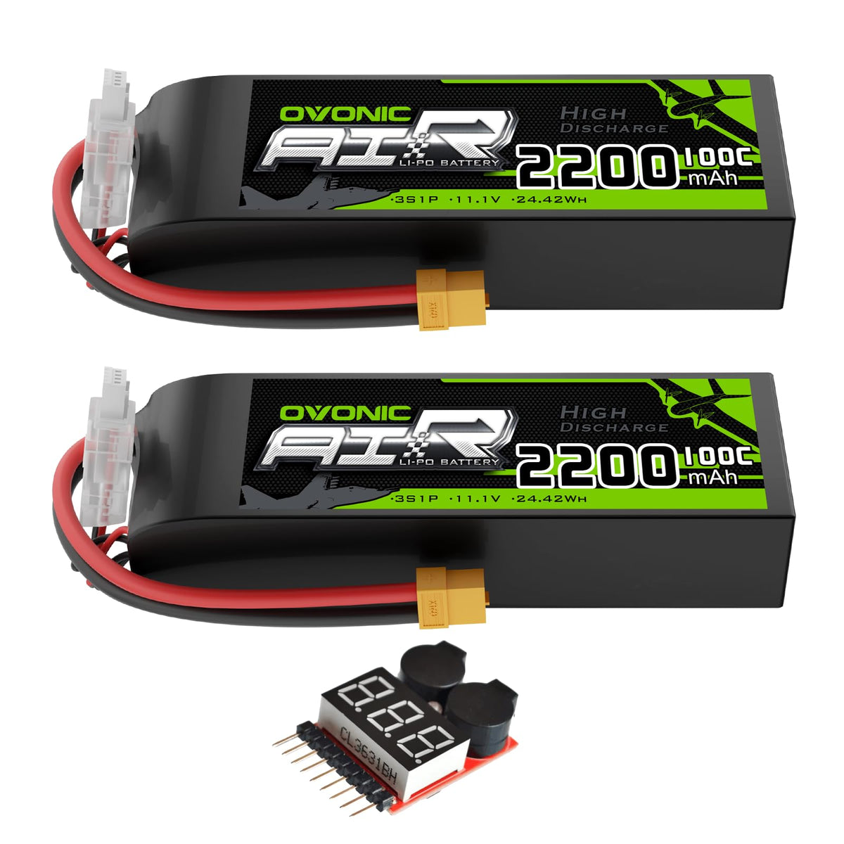 2 x OVONIC 3S 100C 2200mAh 11.1V Lipo Battery with XT60 Connector & Lipo Voltage Checker