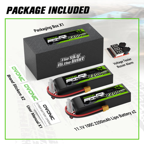 2 x OVONIC 3S 100C 2200mAh 11.1V Lipo Battery with XT60 Connector & Lipo Voltage Checker