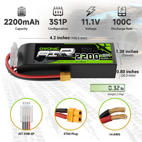 2 x OVONIC 3S 100C 2200mAh 11.1V Lipo Battery with XT60 Connector & Lipo Voltage Checker