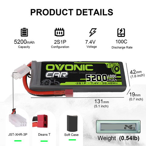 2 × OVONIC 2S Lipo Battery 5200mAh 2S1P 100C 7.4V RC Lipo Battery HardCase with Deans T Plug  for Losi 1/10 Scale Racing RC Car Truck Vehicles Buggy