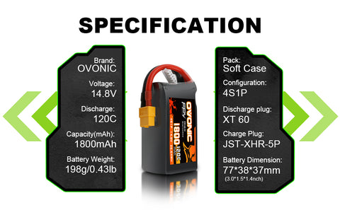 2× Ovonic 120C 4S 1800mAh 14.8V LiPo Battery Pack for FPV Racing with XT60 Plug for 5-6 inch Racing Drones Freestyle Long-Range FPV