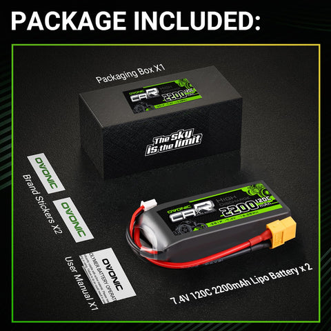 2xOvonic 2S Lipo Battery 2200mAh 120C 7.4V RC CAR Lipo Battery With XT60 to TRA for 1/16 Slash E-Revo RC Car RC Truck