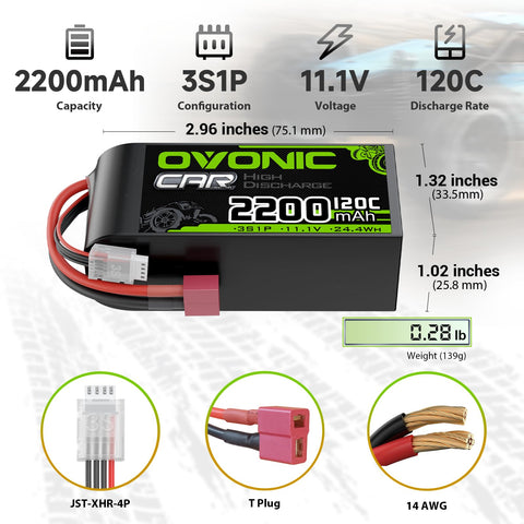 2 x OVONIC 3S Short LiPo Battery 11.1V 2200mAh 120C with Deans-T Plug & Lipo Voltage Checker for 1/10 Scale RC Car Off-Road Truck RC Airplane Helicopter Racing