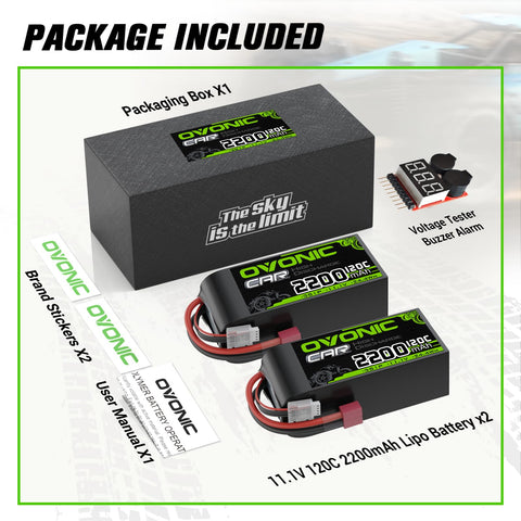 2 x OVONIC 3S Short LiPo Battery 11.1V 2200mAh 120C with Deans-T Plug & Lipo Voltage Checker for 1/10 Scale RC Car Off-Road Truck RC Airplane Helicopter Racing