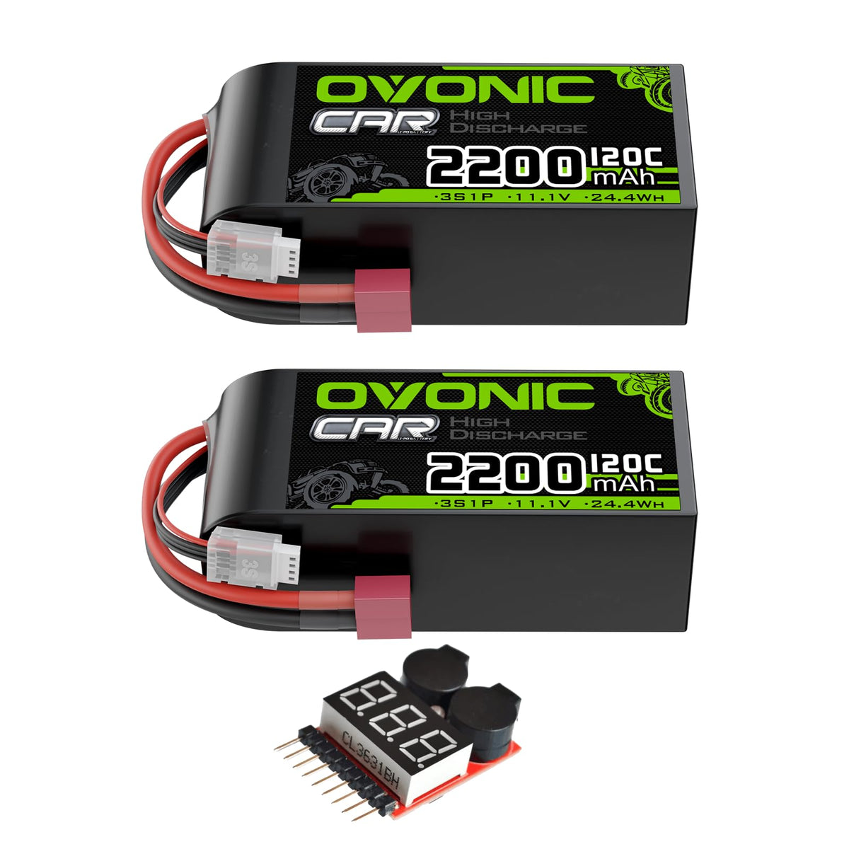 2 x OVONIC 3S Short LiPo Battery 11.1V 2200mAh 120C with Deans-T Plug & Lipo Voltage Checker for 1/10 Scale RC Car Off-Road Truck RC Airplane Helicopter Racing