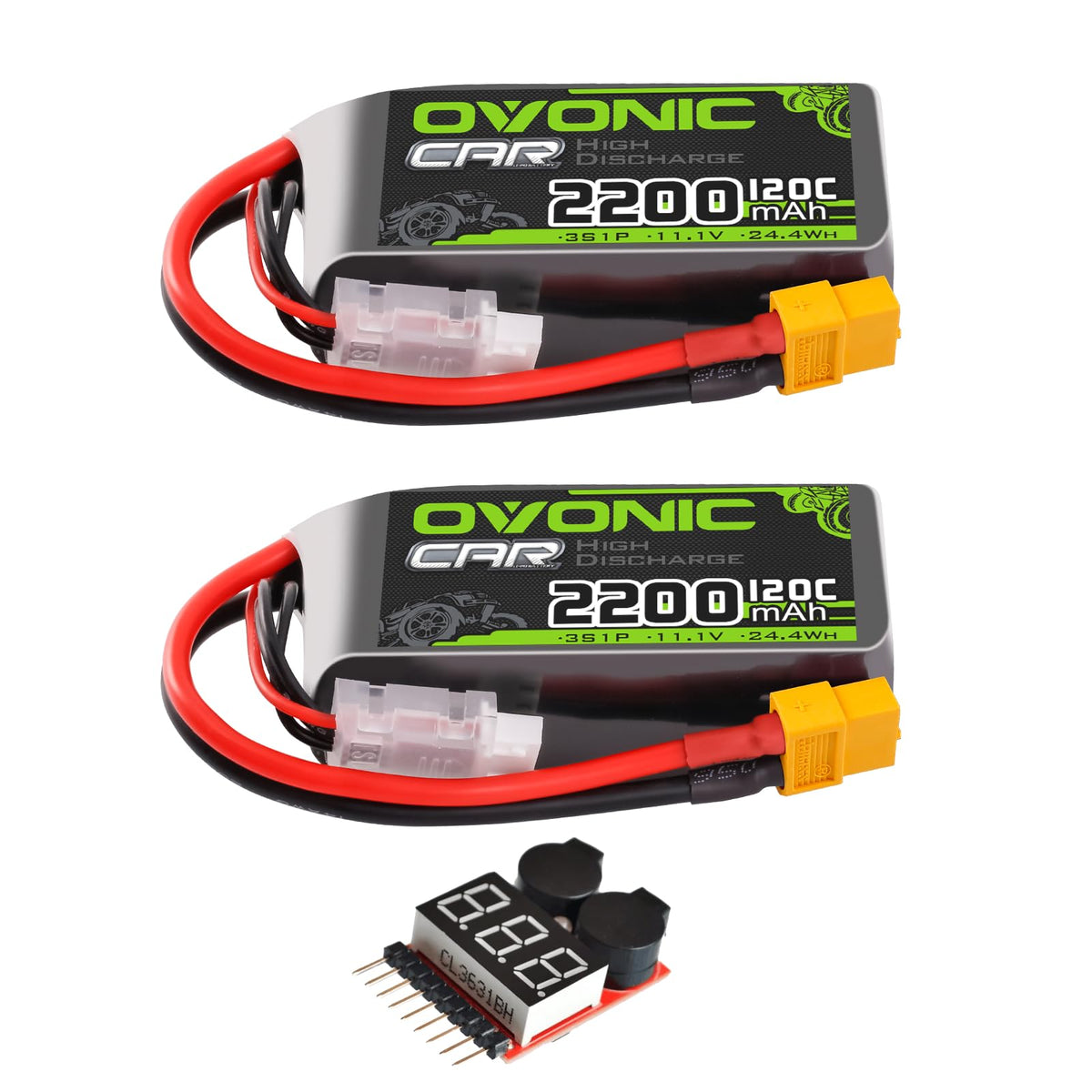 2 x OVONIC 3S Short LiPo Battery 11.1V 2200mAh 120C with XT60 Plug & Lipo Voltage Checker for RC Airplane Helicopter Quad Sport Planes Scale Aircraft