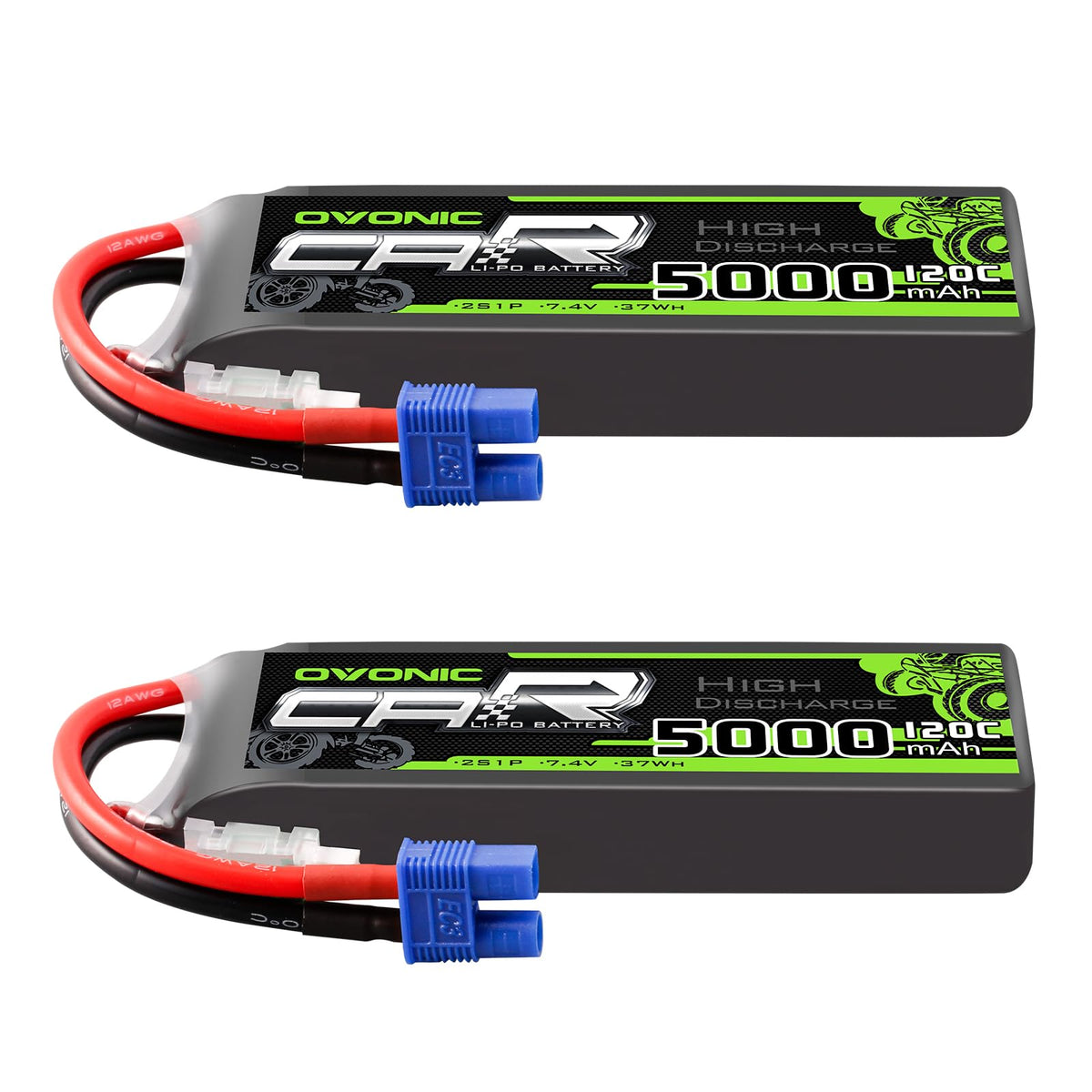 2xOVONIC 2S Lipo Battery 5000mAh 2S1P 120C 7.4V RC Car