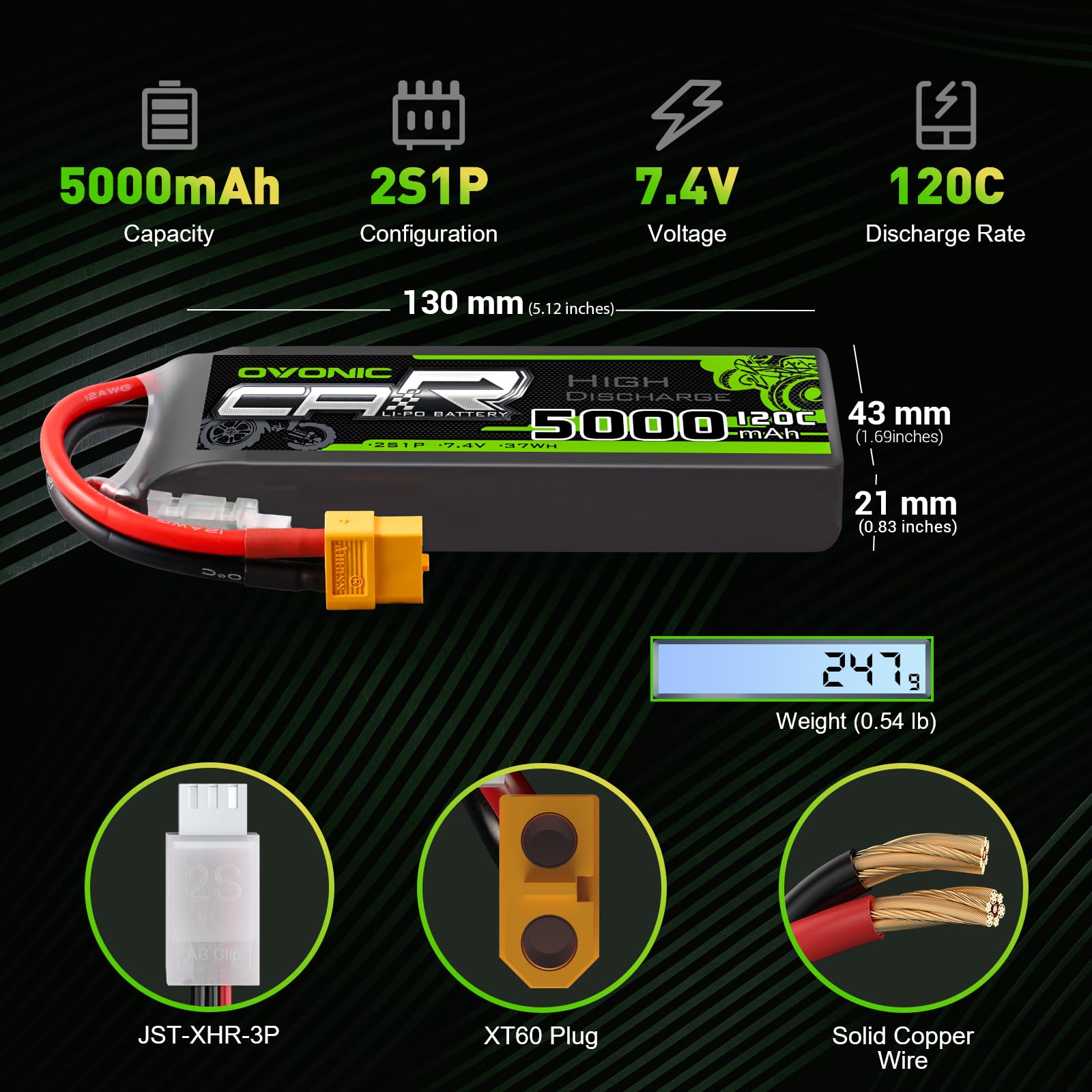 2xOVONIC 2S Lipo Battery 5000mAh 7.4V 120C WIth TRA Plug