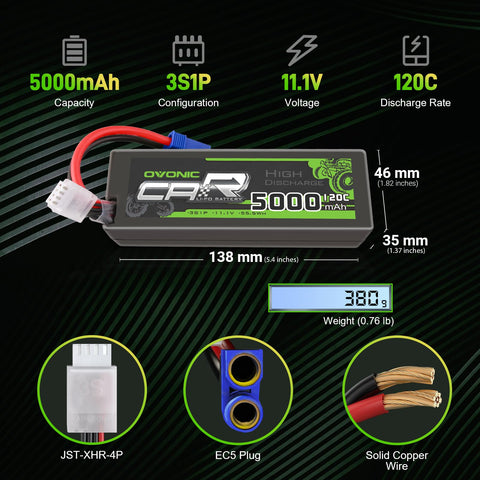 2xOVONIC 3S Lipo Battery 120C 11.1V 5000mAh with EC5 Plug