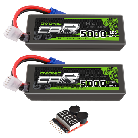 2 x OVONIC 11.1V 120C 5000mAh 3S Lipo Battery with EC5 Plug & Lipo Voltage Checker