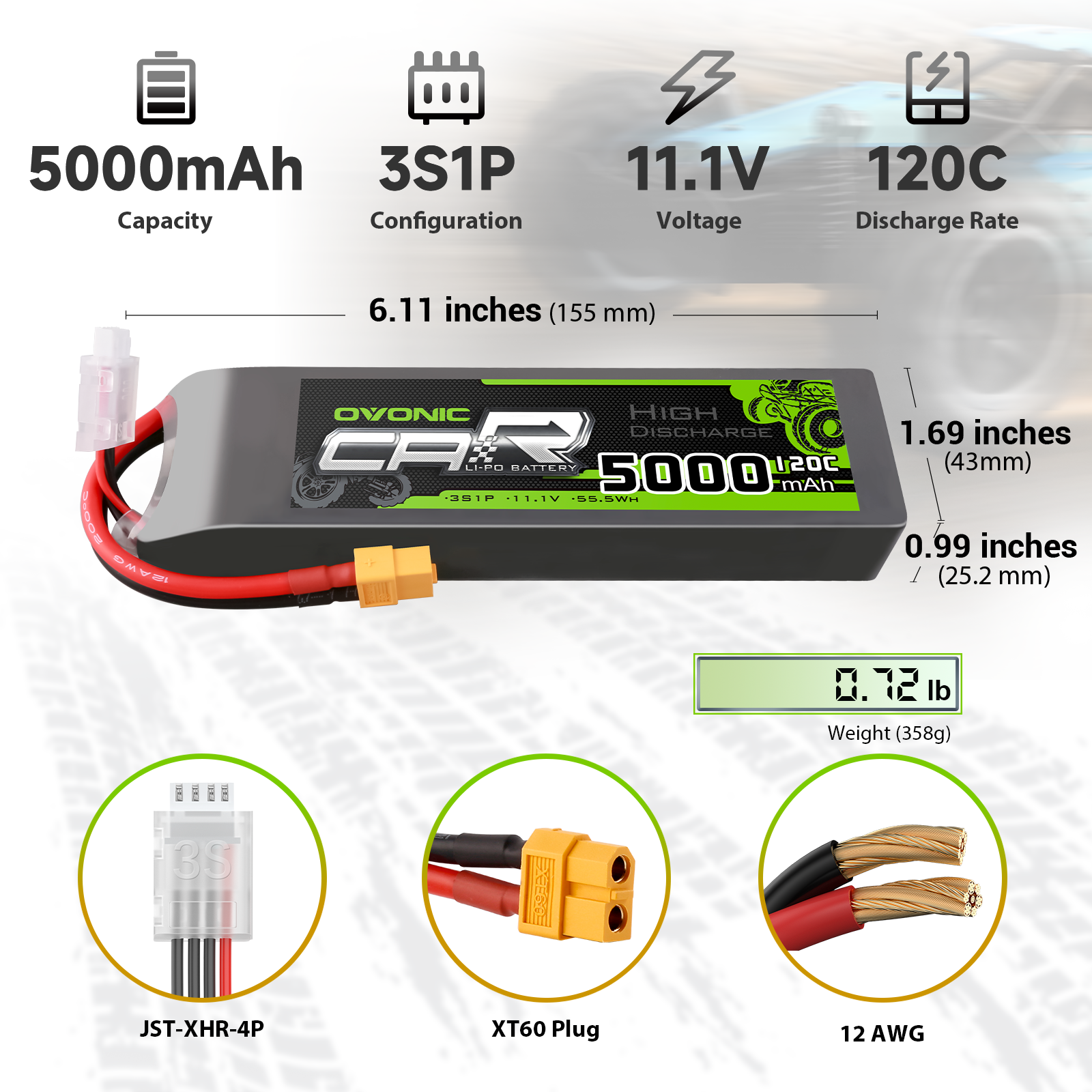 2 x OVONIC 3S LiPo Battery 11.1V 5000mAh 120C with TRA Plug