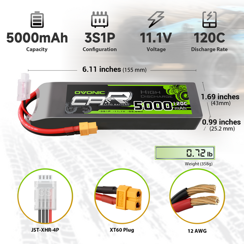 2 x OVONIC 3S LiPo Battery 11.1V 5000mAh 120C with TRA Plug