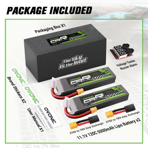 2 x OVONIC 3S LiPo Battery 11.1V 5000mAh 120C with TRA Plug