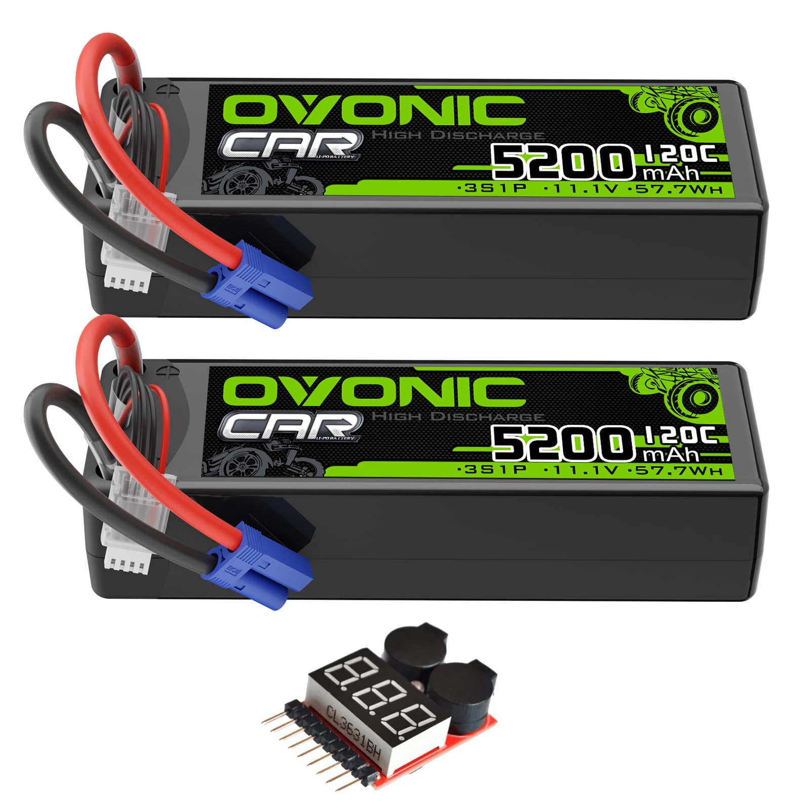 2 x OVONIC 3S LiPo Battery 11.1V 5200mAh 120C with EC5 Plug & Lipo Voltage Checker