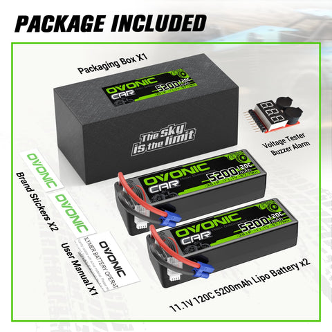 2 x OVONIC 3S LiPo Battery 11.1V 5200mAh 120C with EC5 Plug & Lipo Voltage Checker